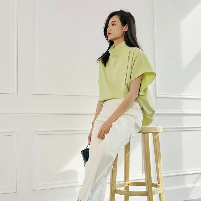 美洋 立领纯色短袖衬衫 女款 橄榄绿