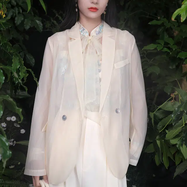 槿爷东方 金曲花蝴蝶结刺绣网纱长袖衬衫 女款 蓝绿色