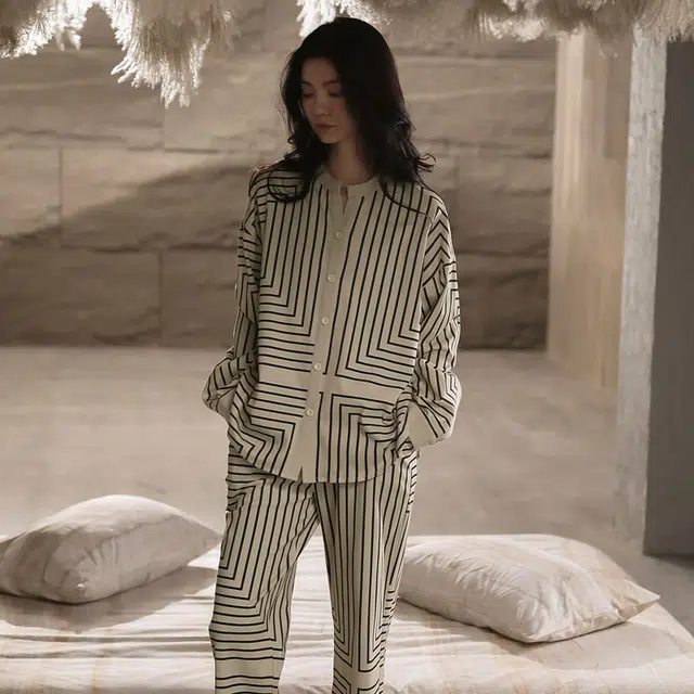 同语 睡衣家居服休闲套装 侘寂  女 春秋季 纯棉条纹韩版  长袖薄款 可外穿 家居套装