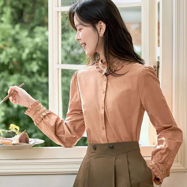 茵曼 图案印花立领长袖衬衫 女款