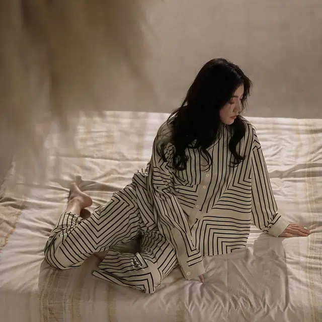 同语 睡衣家居服休闲套装 侘寂  女 春秋季 纯棉条纹韩版  长袖薄款 可外穿 家居套装