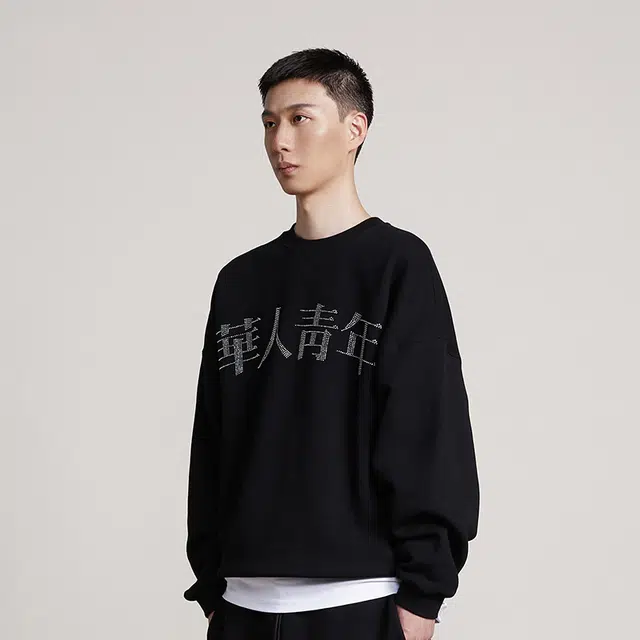 华人青年 烫钻图案休闲宽松套头圆领卫衣 男女同款 黑色
