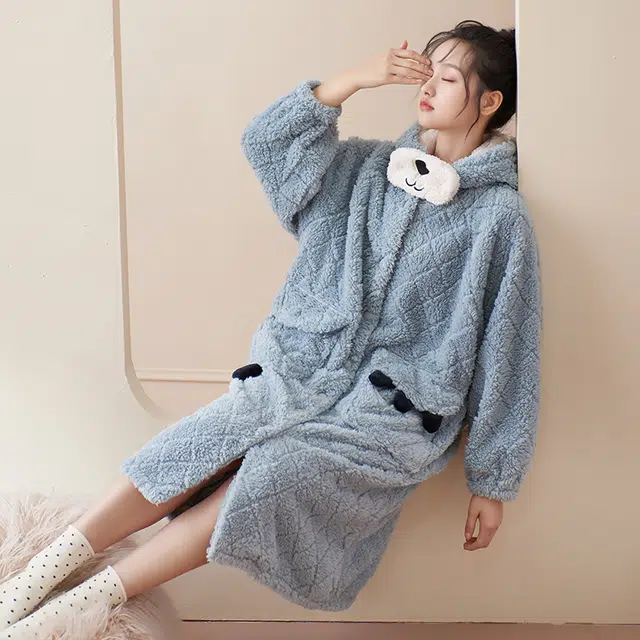 小情歌 纯色可爱卡通连帽珊瑚绒睡袍 家居服套装 女款