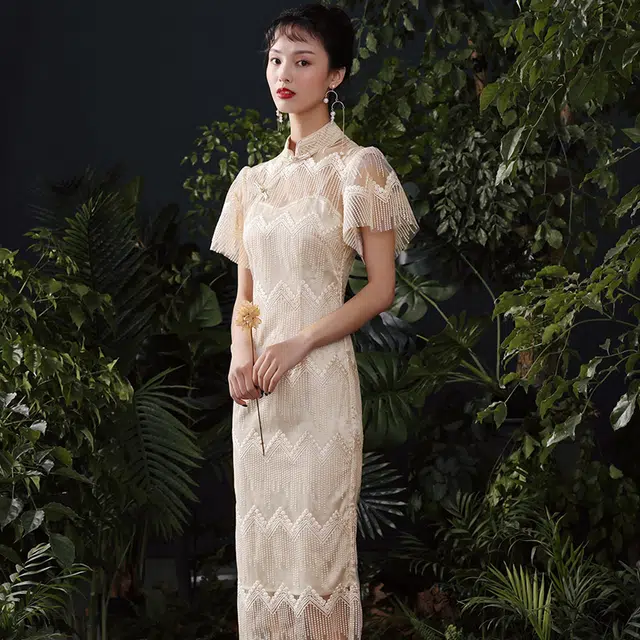 槿爷东方 纯色优雅流苏低开叉短袖旗袍 杏色