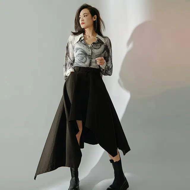 美洋 纯色斜纹纱双层不规则半身裙 女款 黑色