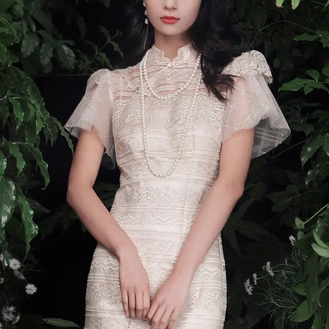 槿爷东方 卿如法式宽纹刺绣旗袍 女款 香槟色