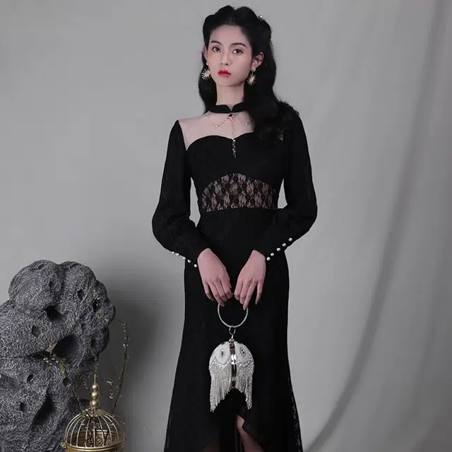 槿爷东方 拼接蕾丝鱼尾连衣裙 玄黑色