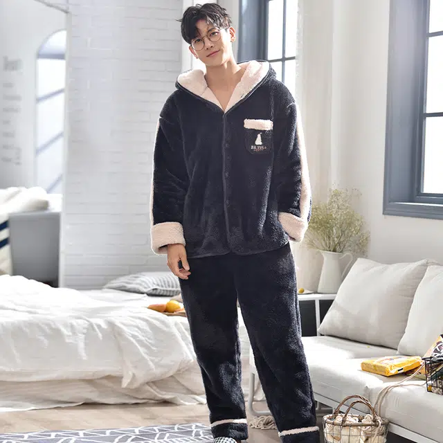 小情歌 珊瑚绒开衫卡通连帽休闲家居服睡衣套装 男款 黑色 礼物