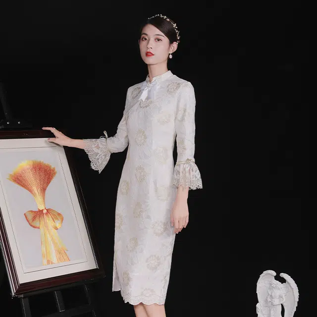 槿爷东方 金玉芙蓉 蕾丝长袖旗袍 女款 白色