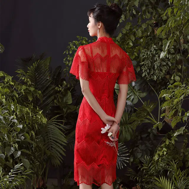 槿爷东方 假流苏刺绣复古短袖旗袍 女款 红色