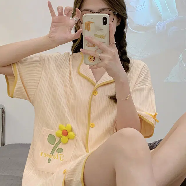 橡柠派 夏季短袖短裤睡衣女士夏天薄款开衫大码家居服套装可外穿夏款两件套女