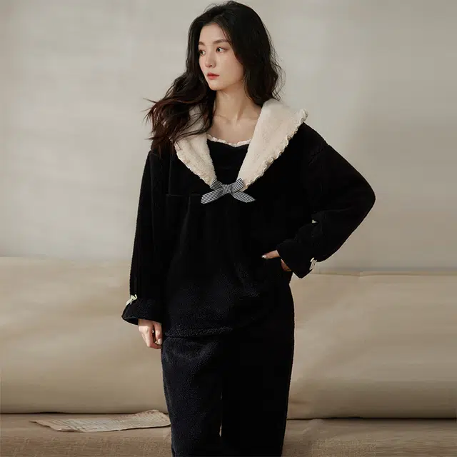 小情歌 珊瑚绒睡衣 冬季 翻领加绒加厚保暖御寒家居服 女款 黑色