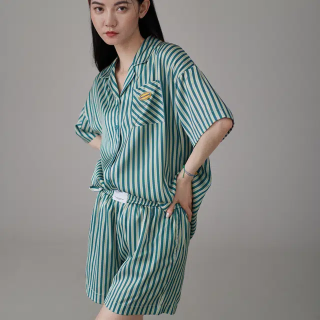 同语 睡衣夏季冰丝短袖条纹套装高级感可外穿女士家居服夏天 家居套装 女款 竖条吐绶蓝