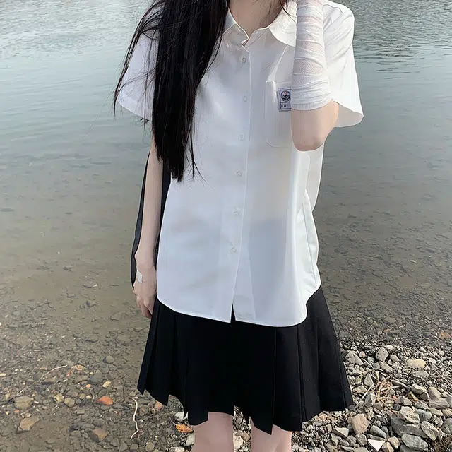 东鲸岁时记 纯色制服短袖衬衫 女款 白色