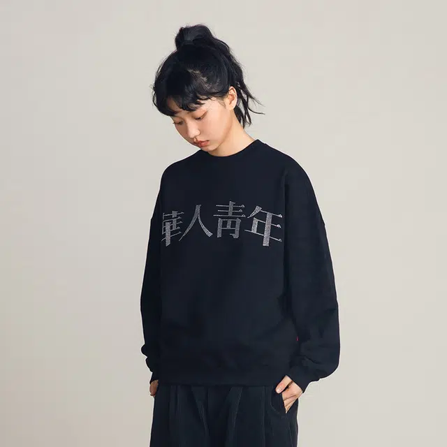 华人青年 烫钻图案休闲宽松套头圆领卫衣 男女同款 黑色