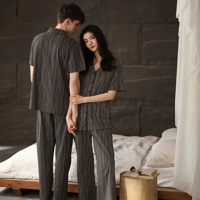 同语 男女同款情侣睡衣 不规则条纹夏季纯棉短袖薄款家居服休闲可外穿套装