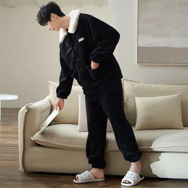 小情歌 珊瑚绒睡衣 冬季 可爱加厚加绒保暖御寒家居服 情侣款 粉色+黑色