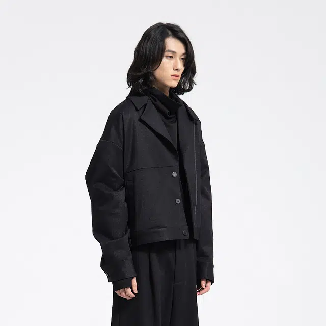幻象者 纯色纽扣宽松长袖夹克外套 男女同款 黑色