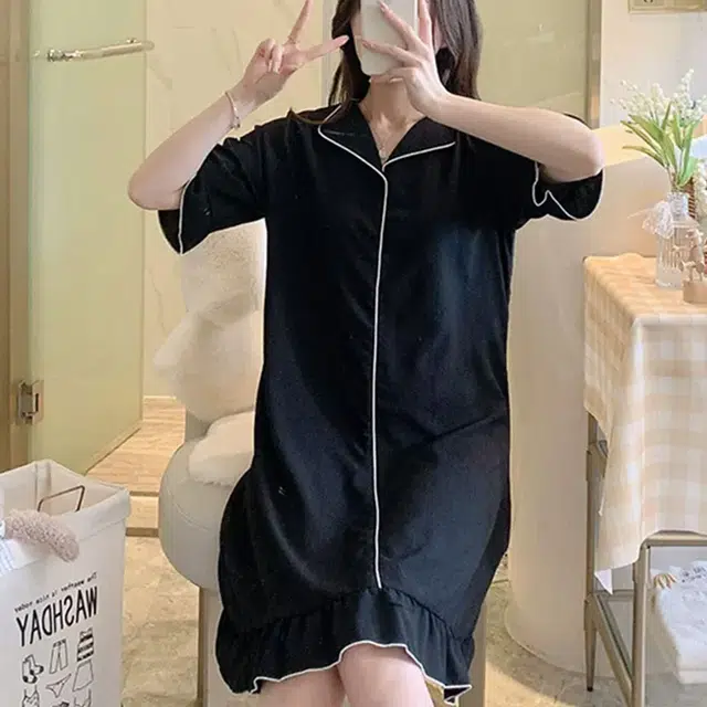 橡柠派 睡衣女夏款套头短袖中长款梭织棉麻睡裙可外穿家居服睡裙 女款 黑色