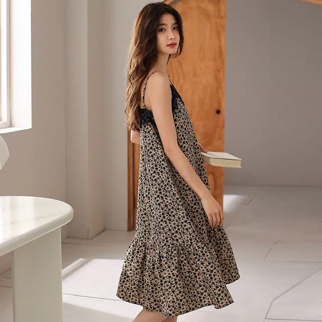 美腾 吊带睡裙夏季纯棉薄款碎花睡衣无袖中长款家居服宽松性感 女款