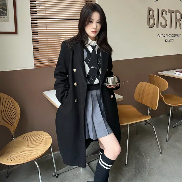 九条喵 长款纯色西装毛呢大衣外套菱形毛衣背心半身裙制服套装 女款