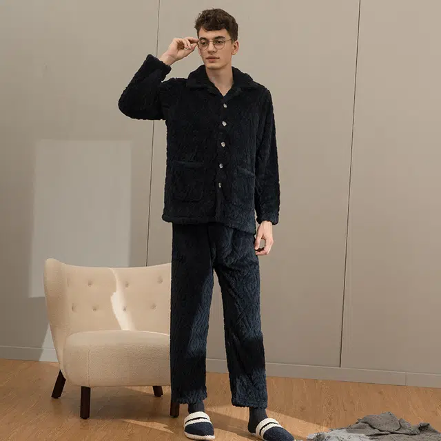 芬腾 睡衣珊瑚绒长袖秋冬季加厚可外穿青年大码家居服保暖套装 男士 宝兰