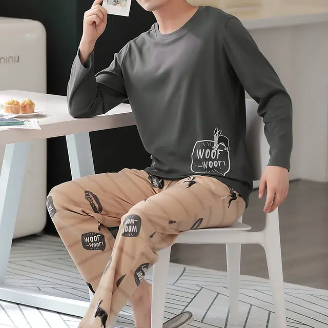 棉基因 纯棉长袖睡衣 圆领家居服套装 春秋季 男款 深灰