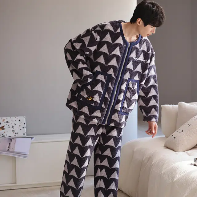 可人儿 珊瑚绒睡衣 家居服套装 秋冬季 保暖加绒加厚 休闲开衫 男款 灰色 礼物