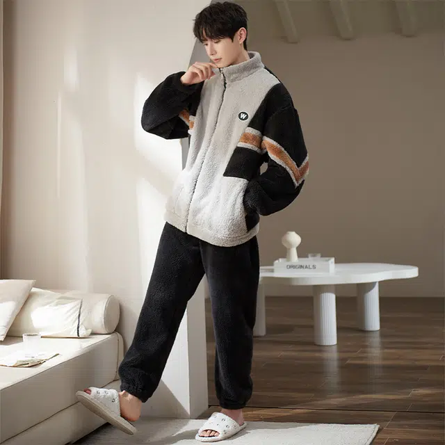 小情歌 珊瑚绒睡衣 冬季 加厚加绒保暖御寒家居服 男款  黑灰拼色