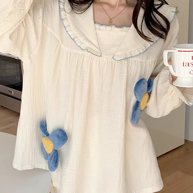橡柠派 家居服女秋冬季纯棉纱布可爱公主风睡衣长袖套头立体花朵高级感学生家居套装 女款 象牙白