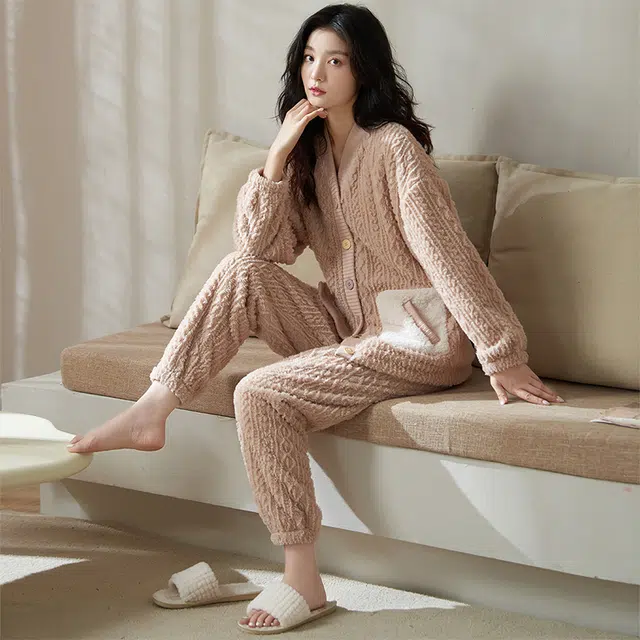 小情歌 珊瑚绒睡衣 冬季 加厚加绒保暖御寒家居服 女款 小麦色