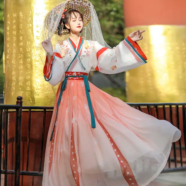 玄唐 晋制中国风改良仙气交领齐腰拼色古装汉服 女款 花蝶粉色  新年推荐