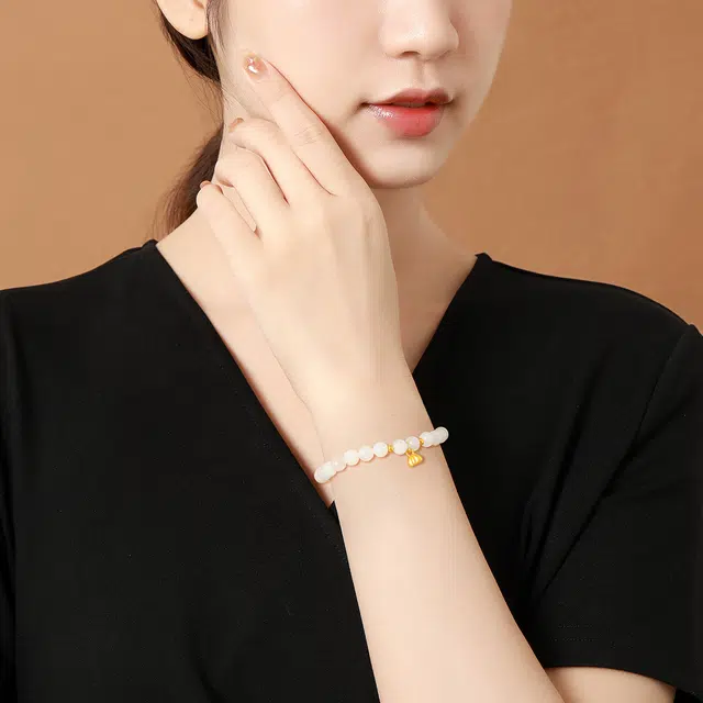 梦金园 莲蓬小金珠和田玉串珠手饰 足金 一口价 黄金手串 女款
