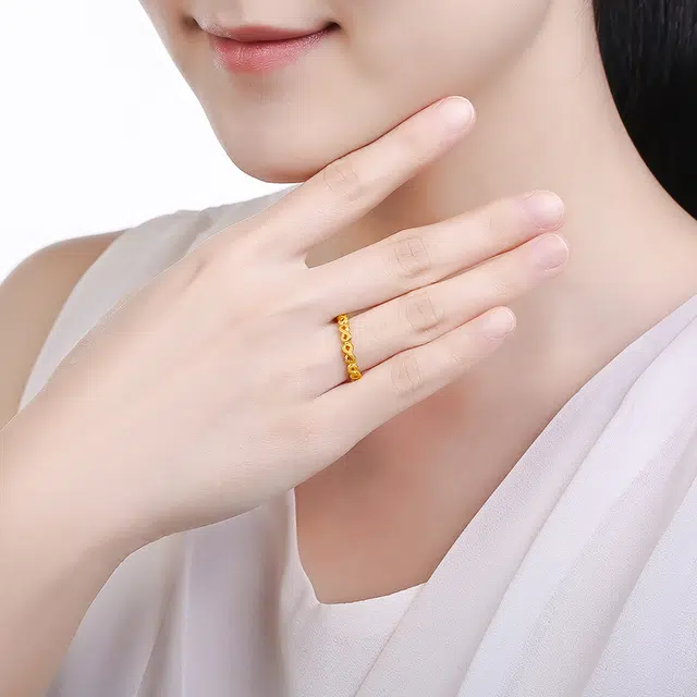 周六福黄金戒指女足金编绳纹磨砂计价活口可调节镂空金指环送礼开口戒指