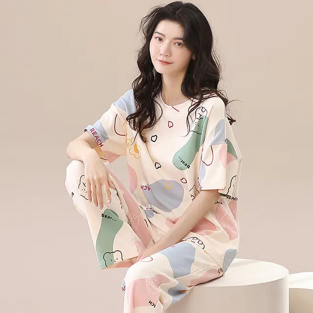 棉基因 纯棉套头圆领短袖长裤家居服套装 女款杏色