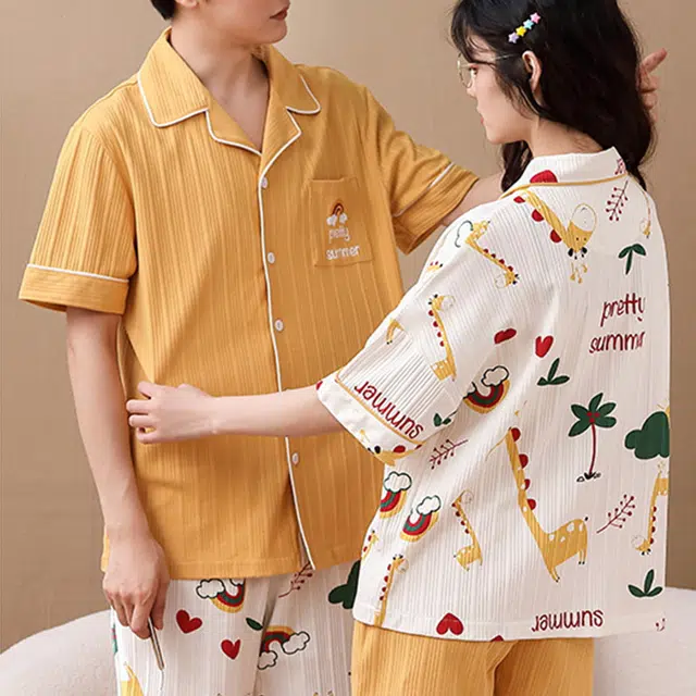 橡柠派 情侣睡衣夏款棉短袖开衫家居服可爱俏皮卡通男女套装薄款 家居套装 情侣款 橙黄色