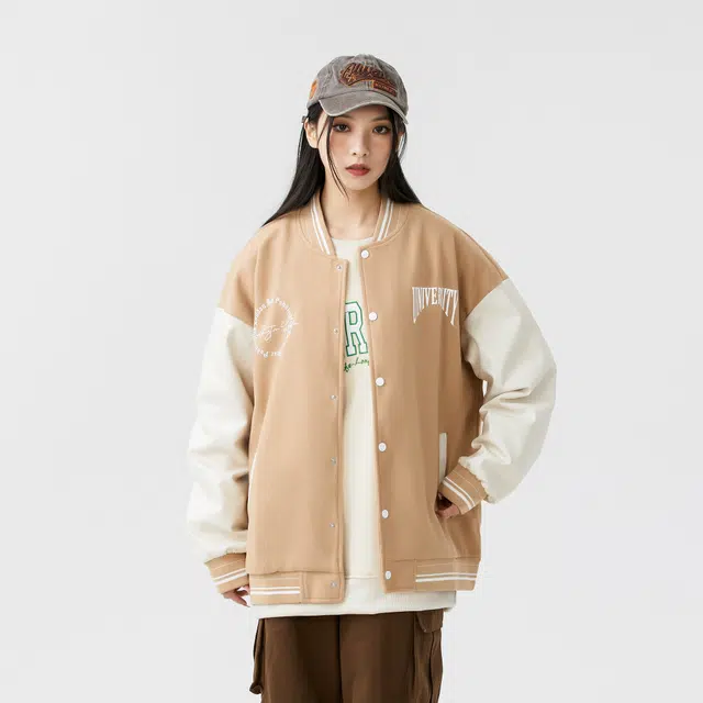 Paddington Bear PU Patchwork Wool Letter Print Baseball Jacket