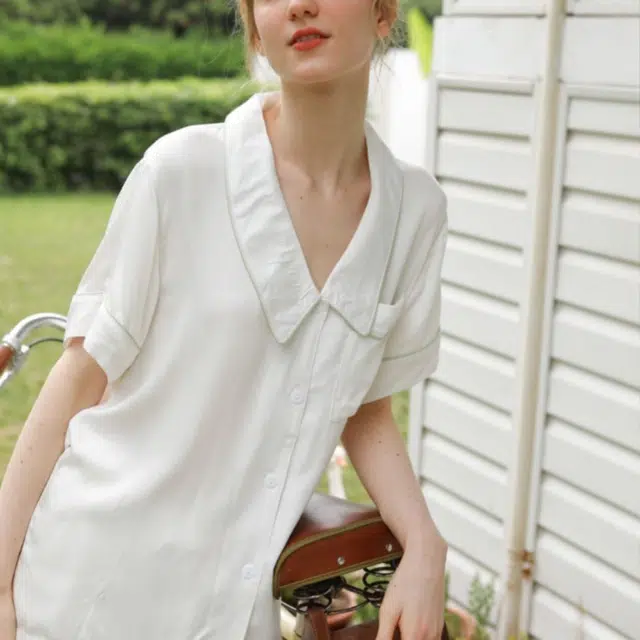 怡吾色 夏季简约纯色家居服短袖套装 法式开衫睡衣女 短袖短裤  送妈妈