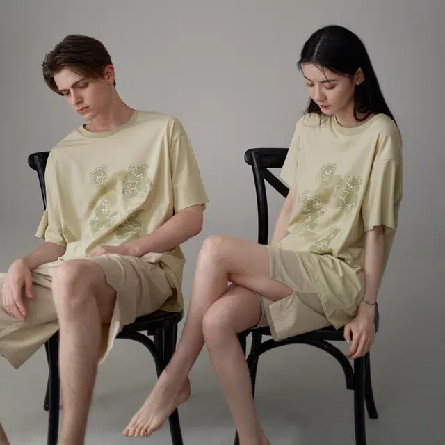 同语 夏季睡衣凉感棉短袖套装可爱可外穿男士宽松夏天家居服 家居套装 男款 柔雾菊白•米杏