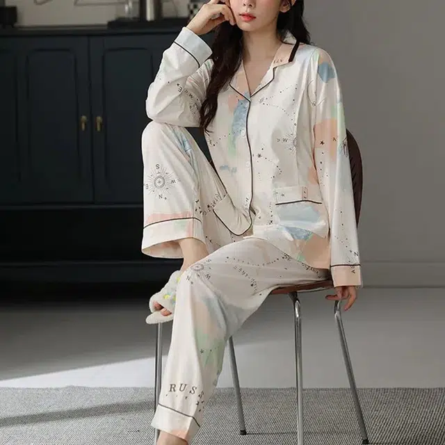 橡柠派 字母印花睡衣女长袖春夏季薄款开衫高级感夏天家居服两件家居套装 女款 杏色
