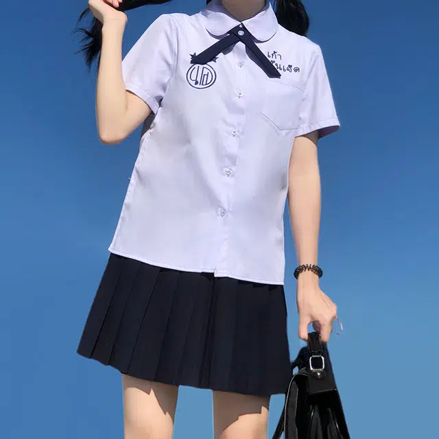 九条喵 字母刺绣领结短袖衬衫制服上装 女款 紫色