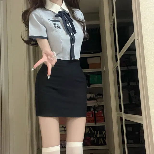 花山家的猫 拼接短款短袖衬衫纯色包臀裙制服套装 女款