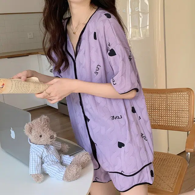 橡柠派 芋泥紫显白睡衣女春秋夏季短袖短裤甜美公主风套装家居服 可外穿