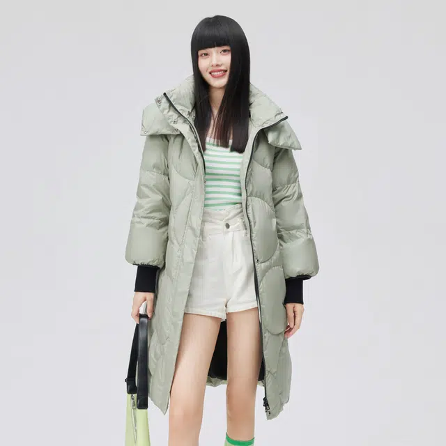 艾莱依 纯色可拆卸腰包双门襟长款羽绒服 女款