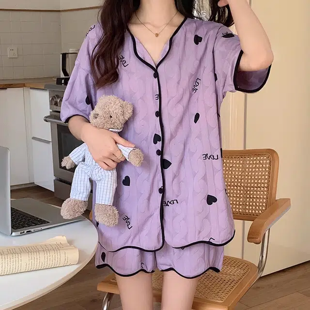 橡柠派 芋泥紫显白睡衣女春秋夏季短袖短裤甜美公主风套装家居服 可外穿