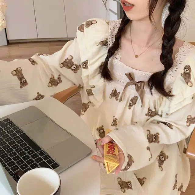 橡柠派 可爱小熊蝴蝶结睡衣可爱舒适春秋季少女韩版休闲学生睡裙可外穿两件套装 家居套装 女款 白色