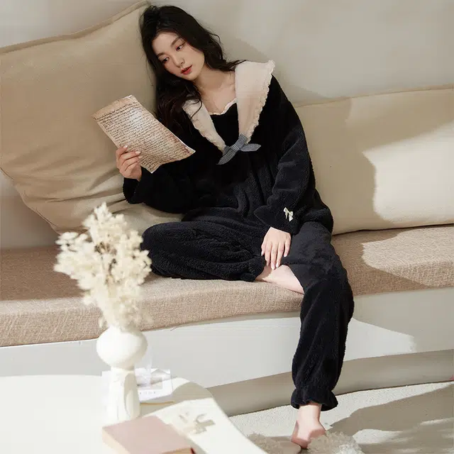 小情歌 珊瑚绒睡衣 冬季 翻领加绒加厚保暖御寒家居服 女款 黑色