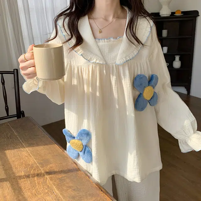橡柠派 家居服女秋冬季纯棉纱布可爱公主风睡衣长袖套头立体花朵高级感学生家居套装 女款 象牙白