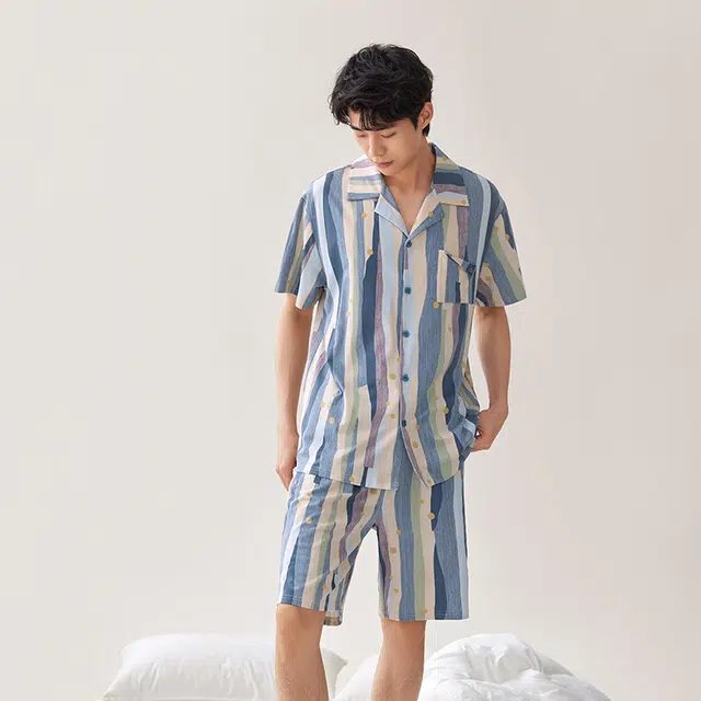 安之伴 夏季棉质短袖休闲条纹家居服套装可外穿睡衣 男款 灰兰