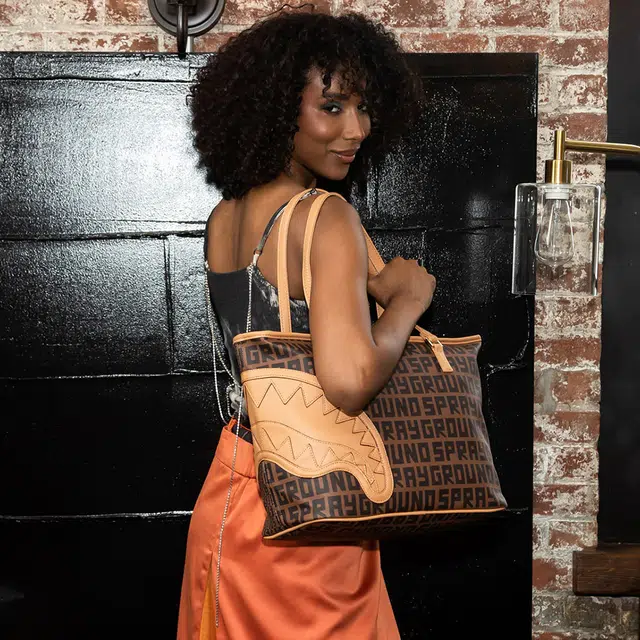 SPRAYGROUND Checkerboard Shark Mouth PVC Tote Bag Brown